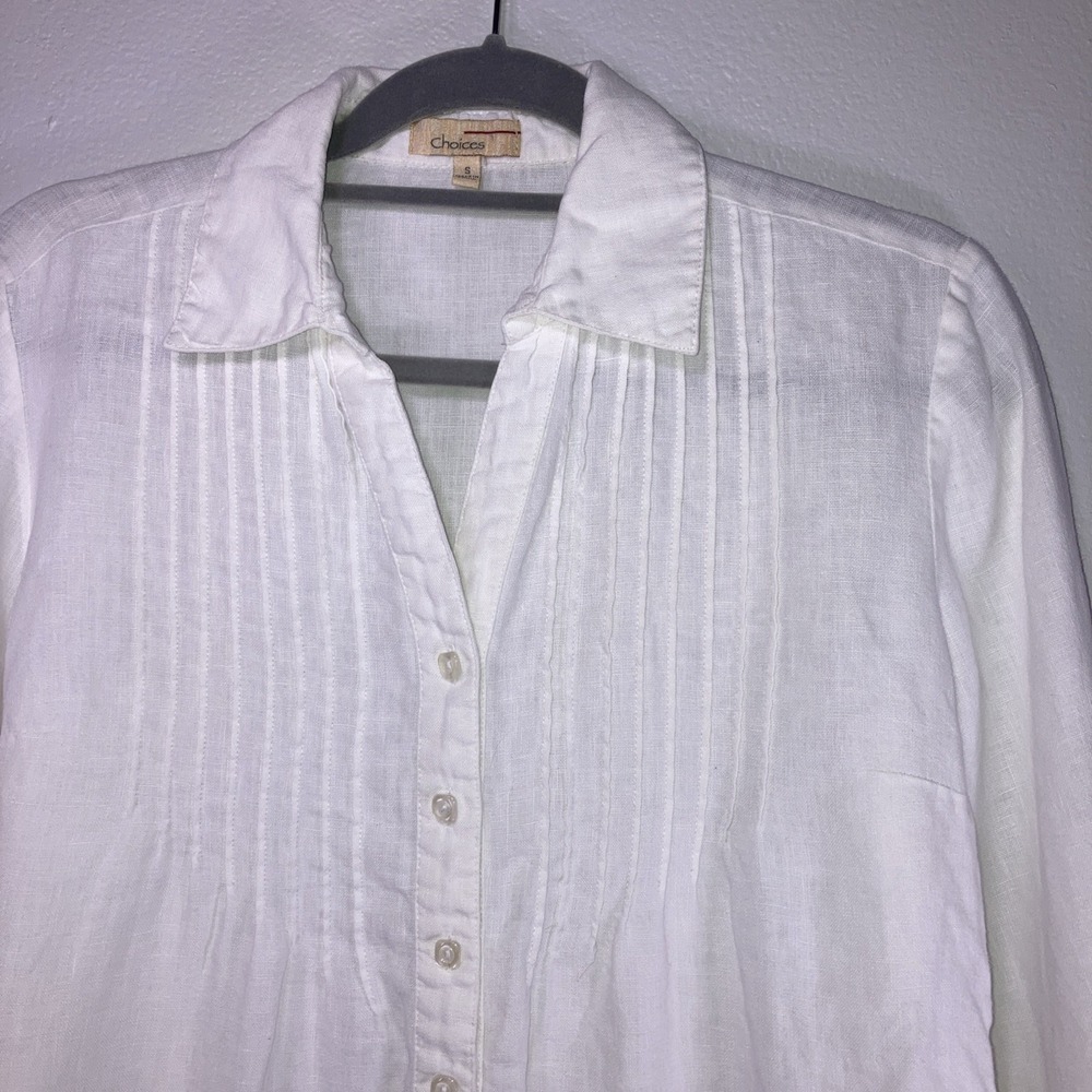 Women's S White Linen Pleated Button Up 3/4 Slit Sleeve Coastal Classic